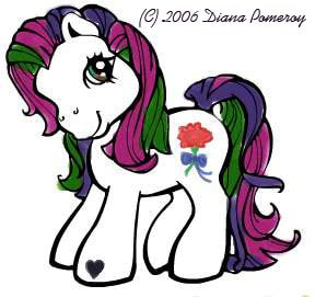 A white G3 MLP with dyed mane/tail, green and brown eyes, a handmade green and blue jeweled necklace, and a red rose with a blue ribbon as her cutie mark