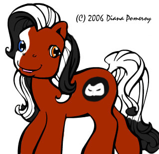 A red G3 MLP with a sculpted white half mask, one orange and one blue eye, black and white mane and tail, and a Phantom of the Opera mask logo as his cutie mark