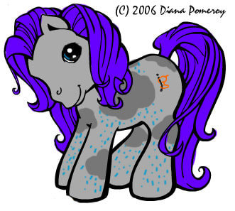 An illustration of a silver G3 MLP with gray rainclouds, dark blue eyes, a dyed mane and tail, and the Josh Groban initials logo as the pony's cutie mark