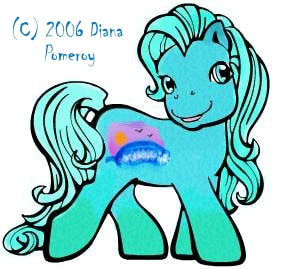 A teal-blue gradient G3 MLP with pale green hair, blue-green eyes, a silver wave cheek tattoo, and a wave crashing on the beach at sunset as his cutie mark.